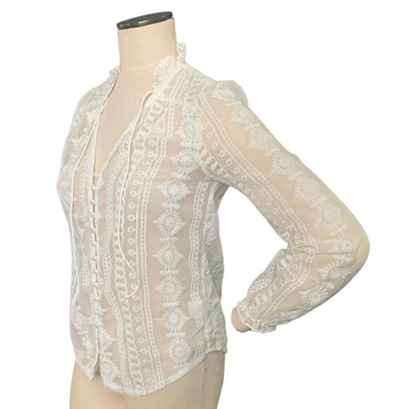 Sheer White Embroidered Faux-Pearl Button Down Blouse 112L - Picture 3 of 7
